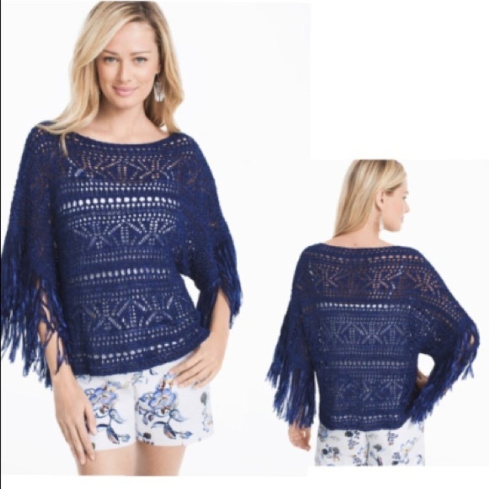 WHBM Open Knit Fringe Poncho Top S